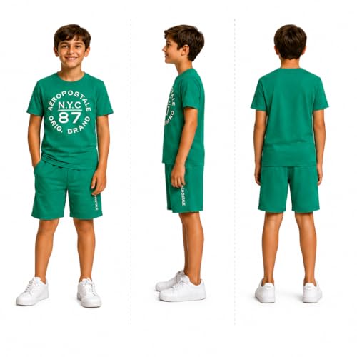 Image of AEROPOSTALE Boys Athletic Shorts Set 3 Piece Graphic T Shirts Fleece Shorts | Soft Breathable Jersey Tees, Elastic Waistband, Side Pockets, Screen-print Design, Durable Stitching for School & Play