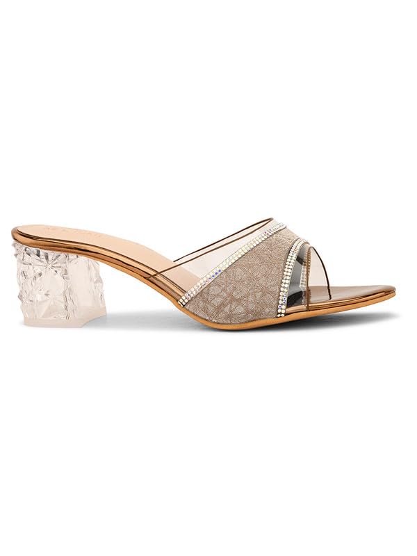 XE Looks Women's Copper Block Heel Sandals | Stylish Transparent Crystal Heels with Glitter Finish Upper | Comfortable Cushioned Footbed | Slip-On Design Heel Sandals For Girls & Women 4