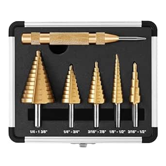 DOVAMAN 5PCS Step Drill Bit, HSS Step Drill, Titanium-Coated, Automatic Center Punch, 118° X-Shaped Split Tip, w/Aluminum Case, Step Drill Bits for Metal, Wood &amp; Plastic - STD06A