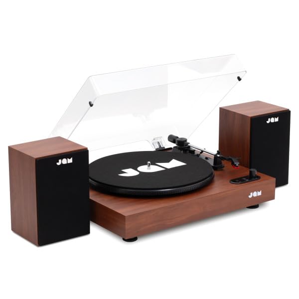 JAM Platine Vinyle avec Enceintes - Lecteur Vinyle Bluetooth avec Enceintes Bibliothèque, 3 Vitesses avec Couvercle Anti-Poussière, Bras Pré-Calibré,...