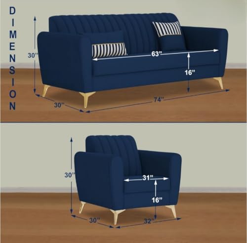 Image of Luxury 5 Seater Sofa Set (3+1+1) Blue Color - Premium Fabric Upholstery, Solid Wood Frame, Modern Living Room Furniture Sofa Set for Home & Office, Velvet Suede Fabric