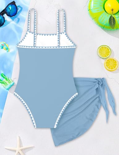 Image of WIQI Girls Swimsuit One Piece Bathing Suit Color Contrast Trim Girls' Swimwear with Cover Up Skirt Size 9-16