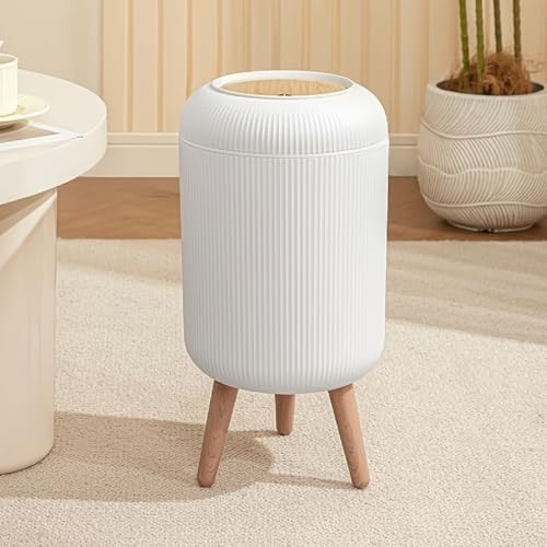 Image of JD FRESH Premium White Dustbin with Press flip Lid Design /Modern Plastic Round Trash Bin with Wooden Finish Legs /Anti Odour Dustbin for Home Decor, Kitchen Office &Hotels (10 Garbage bags, 10 liters)