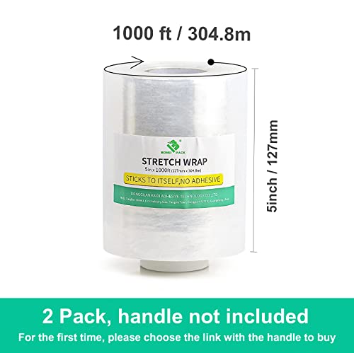 2 Pack Plastics Industrial Mini Stretch Wrap Film Replacement 5" X 1000Ft Roll, 80 Gauge For Moving, Packing Wrap Industrial Strength- Self Adhering Packaging Heavy Duty, Bomei Pack #TOP1