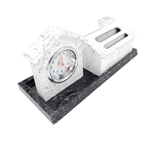 Image of WOOD HOUSE Wooden Pen Stand with Mobile Holder & 100-Year Perpetual Calendar for Office Table | Desk Organizer with New Year 2024 Calendar (White Marble Stand with Clock)