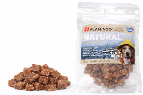 Bastoncini per cani – Nature Snack Cubetti con Merluzzo e Salmone – 75g – Naturale – Senza conservanti – Ricco di acidi grassi essenziali – Flamingo