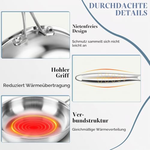 Foto von Colourcoco 6-teiliges Dreischicht-Edelstahlpfannen Set - 27/31 cm Pfanne Induktion, Gleichmäßige Hitzeverteilung, Spülmaschinenfest, Backofengeeignet, Abnehmbarer Griff, Edelstahl