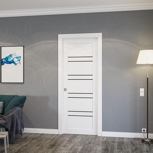 Image of Sartodoors Interior Door 1094 Slab White with Black Opaque Glass Solid MDF Modern Design 42 x 96 in