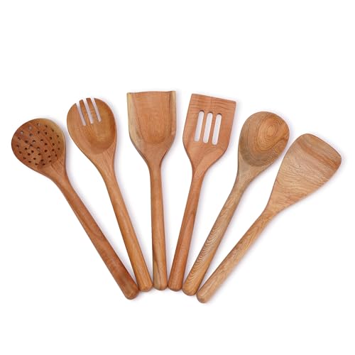 Ajuny Lot de 6 Cuillères en Bois pour la Cuisine Atiadhésives Ustensiles de Service Durables Manche Rond Cadeaux de Pendaison de Crémaillère pour un Usage uotidien