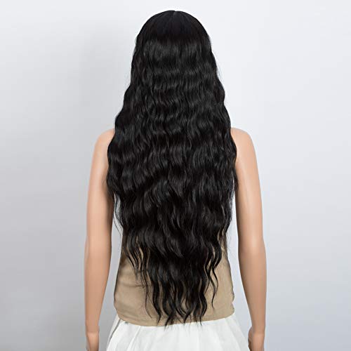 DÉBUT Lace Front Perücke 75 cm Wasserwelle Super lange Perücke 5% Brasilianisches Reines Echthaar und 95% Hitzebeständige Synthetische Mischung Perücke 240g 12 cm Spitzenscheitel (75 cm,Naturschwarz) – Bild 3