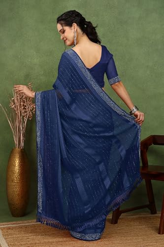 Image of MIRCHI FASHION Saree for Woman Georgette Solid with Satin Stripes | Stone Border Farewell and Ceremonial Sari with Blouse Piece