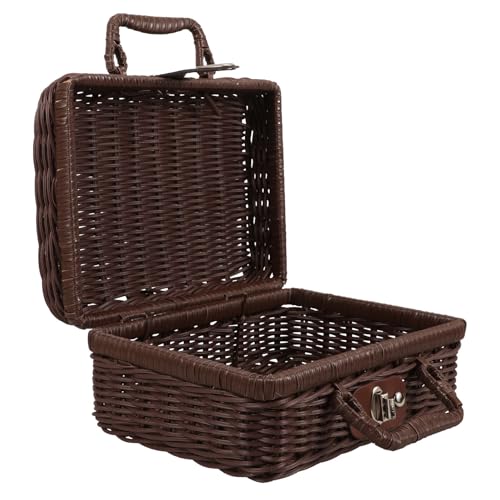 iplusmile Valise Tissée la Main en Rotin Synthétique Café, Panier de Pique-niques Compact 22x17x11 Cm, Boîte de Rangement Vintage Multifonction pour Mariage, Décoration et Extérieur