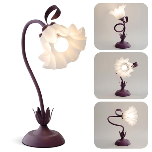 WERFOP Flower Table Lamp, LED Reading Light Vintage Bedside Table Lamp with 3 Color Modes for Nightstand, Kawaii Decoration for Home Bedroom Living Room (Purple)