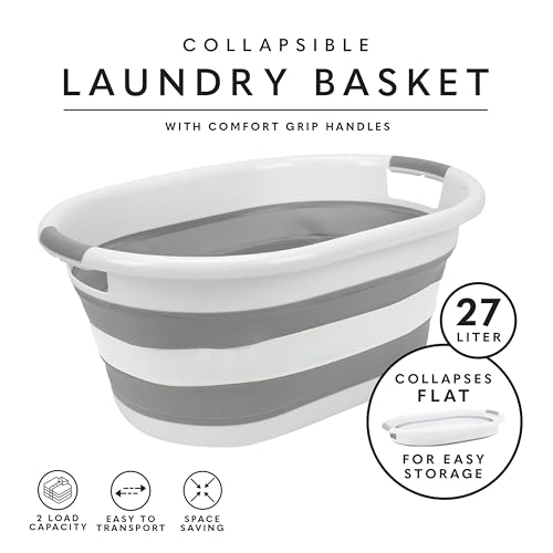 Image of Laundry 360 Collapsible Laundry Basket | Portable | Space Saver Storage | 27 Liter Capacity | Store Under the Bed or Closet | Good for Kids | Dorm | Bedroom | Large | White /Grey