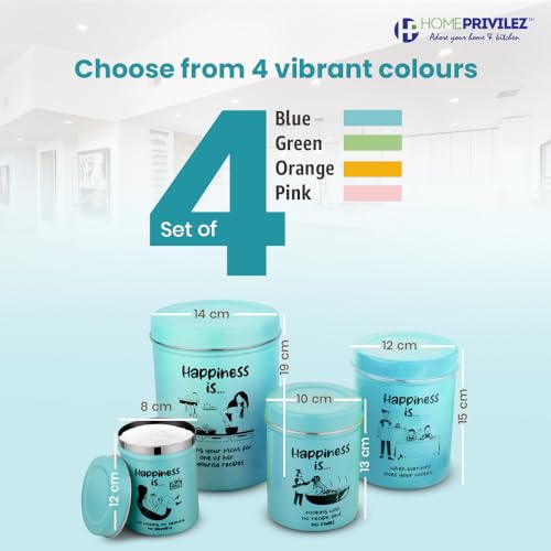 Image of inchChromaJars inch Stainless steel Stylish Coloured printed storage containers set of 4 for Home & Kitchen 500Ml, 900ML,1750 Ml & 2900 Ml (SEA BLUE)
