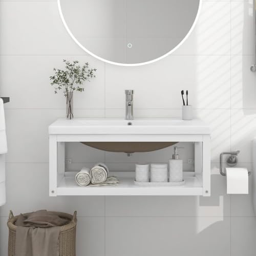 WSJHUHK Bathroom Washbasin Frame with Built-in Basin White Iron