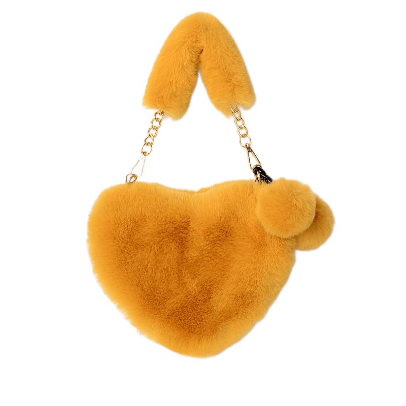 GenericANESHA Pieces Valentine's Day Furry Purse Soft Fluffy Faux Fur Heart Handbags for Women Girls Valentine’s Day Cute Present with Pom Pom Balls (Mustard)