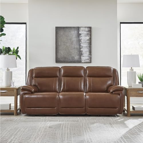 Image of Signature Design by Ashley Healy Pier Power Reclining Sofa, Zero Gravity Recliner with Adjustable Headrest, Leather and Faux Leather Upholstery, Chocolate Brown