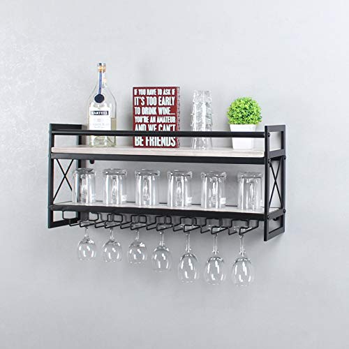 OISSIO Industrial Stemware Rack Wall MountedWine Rack with Wood Shelves2 Tier Stemware Storage with 7 Stem Glass Holder for Wine GlassesMugsHome DecorRetro White30 inch