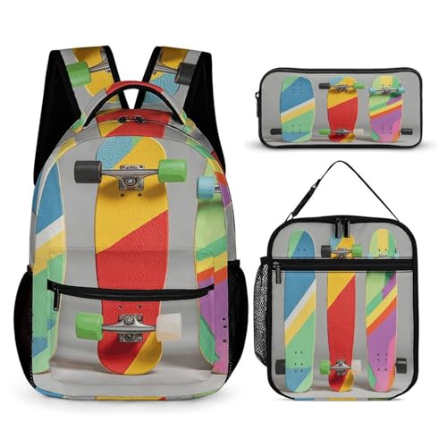 3Pcs Backpack Sets Colorful Skateboards Print Travel Daypack 3 in 1 Lightweight Backpack Set with Lunch Bag And Cosmetic Bag