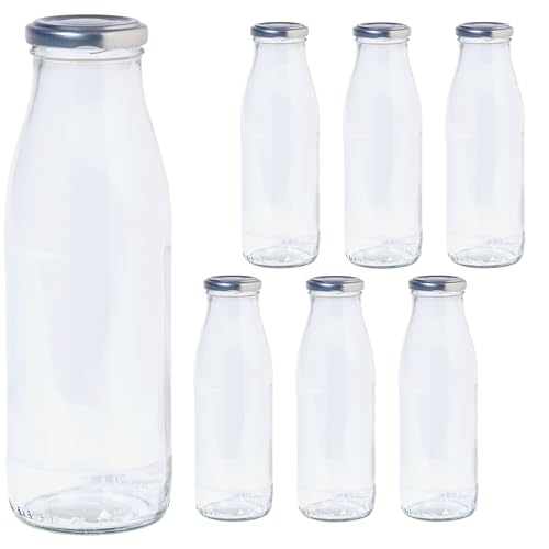 Vitrea 6 leere Glasflaschen 500ml Schraubverschluss Silber - Milchflaschen, Saftflaschen, Flaschen zum Befüllen mit Deckel - für, Saft, Smoothies, Öl - 6 Stück, TO48, Milch