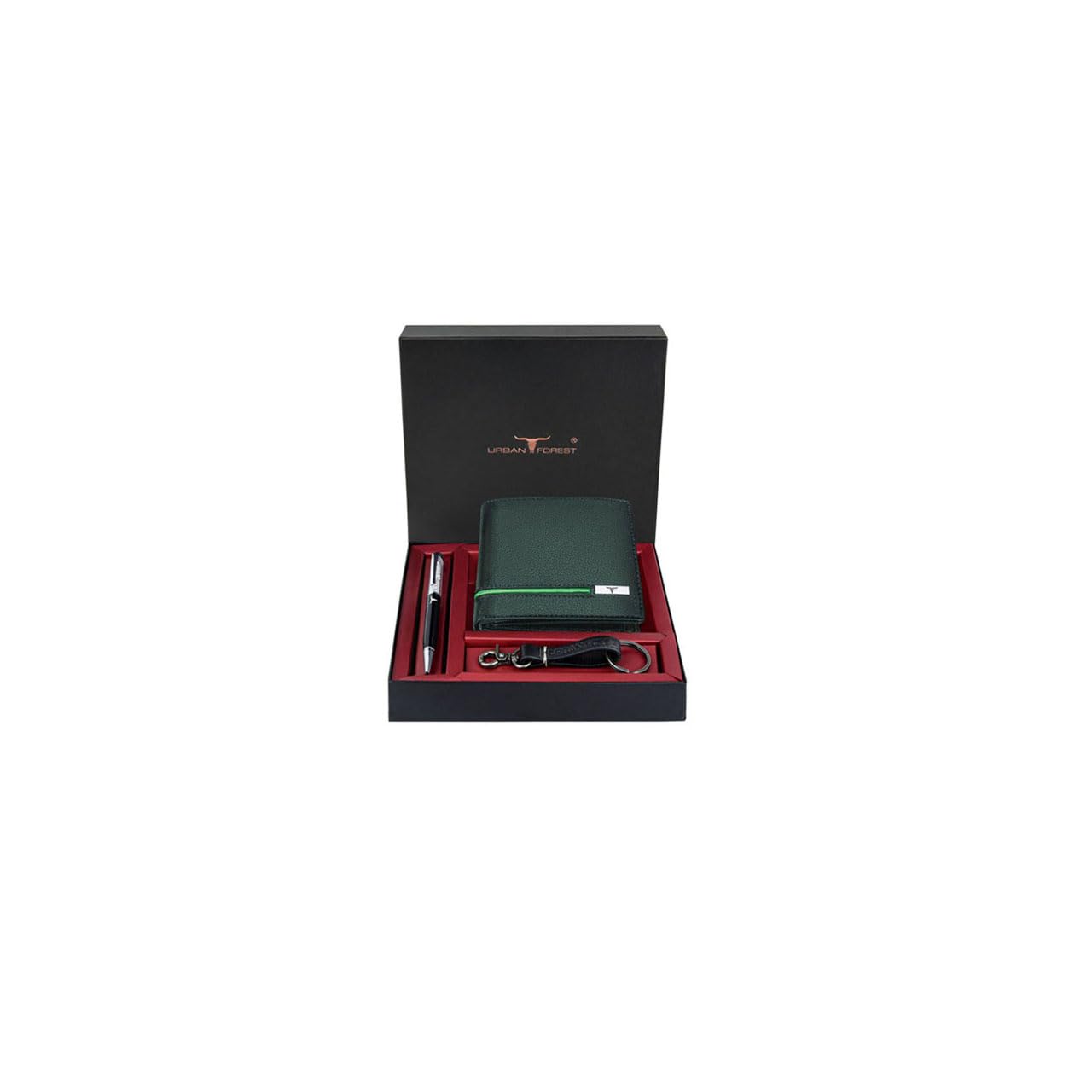 URBAN FOREST Shay Green/Light Green Leather Wallet, Diamond Pen & Keychain Combo Gift Set for Men
