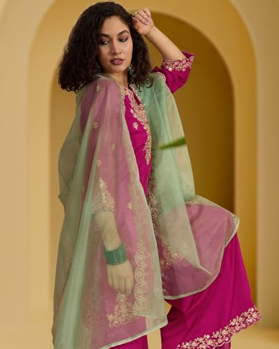 Image of Amazon Brand - Tavasya Women Vichitra Silk Zari Sequence Cording Embroidered Kurta Set | Kurta Set | Ethnic Wear