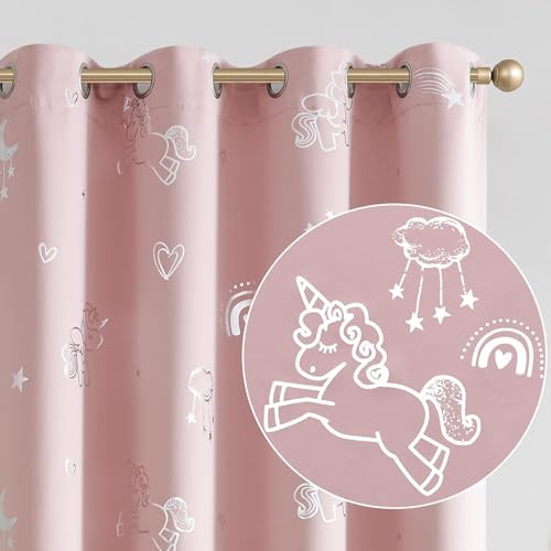 Image of BFAM Kids Blackout Curtains 7 feet Set of 1 - 100% Room Darkening, Thermal Insulated, Noise Reducing, Cute Unicorn Pink Prints, Eyelet Curtains for Playroom, Bedroom & Nursery, Pack of 1 Curtain