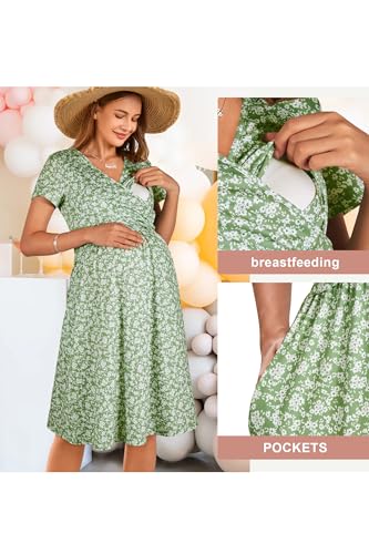 Image of OUGES Maternity Nursing Dress Breastfeeding Short Sleeve V Neck Casual Pregnancy Clothes with Pockets