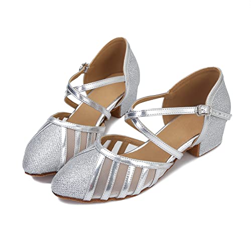 Image of Low Heel Ballroom Dance Shoes Women Latin Salsa Wedding Practice Dancing Shoes Sparkle Comfortable Closed Toe Dance Heels 1.5inch