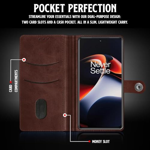 Image of WOW IMAGINE Shock Proof Flip Cover Back Case for 1+ OnePlus 11R 5G (Magnetic Button Flip Case | Wallet Pockets & Stand | Leather Finish | Coffee)