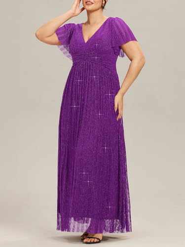 Image of Ever-Pretty Women's Plus Size Glitter Formal Dresses for Curvy Women A Line V Neck Gala Mother of Bride Dress Evening Gown