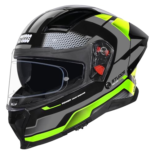 Image of STUDDS Helios Asphalt Full Face ISI and DOT Certified Helmet with Dual Visor Black & Green - L