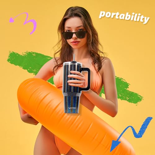 WATERSY Doppelwandiger 40oz Kaffeebecher to Go Thermobecher Edelstahl Vakuum Auslaufsicher Trinkbecher mit Griff und Strohhalm Thermo Tumbler Schwarz Glänzend 5