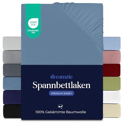 Dreamzie Premium Spannbettlaken 90x200 cm, Spannbetttuch für Dicke Matratzen bis zu 22 cm, Bettlaken 100% Jersey Baumwolle, 150 g/m², Oeko-TEX Zertifiziert - Blau