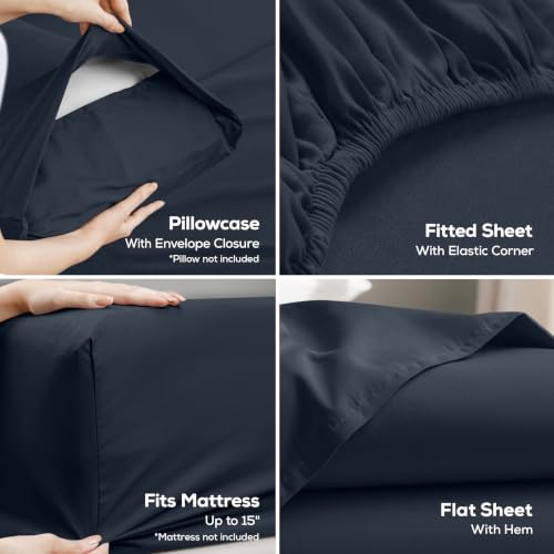 Image of Twin Size Sheet Set - 3 Piece Bed Sheets, Soft and Breathable Microfiber, Includes 1 Fitted Sheet, 1 Flat Sheet and 1 Pillowcase - Oeko Tex (Navy)