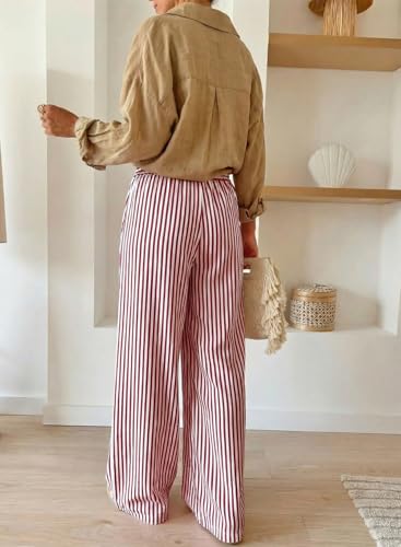Image of Acelitt Women Casual Drawstring Elastic Waist Striped Wide Leg Pants with Pockets, S-XXL