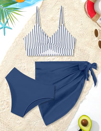 Image of Girls Swimsuit, Bathing Suits 3 Piece Tropical Floral Twist Cross Bikini Sets Girls' Swimwear with Cover Up Skirt 7-16T