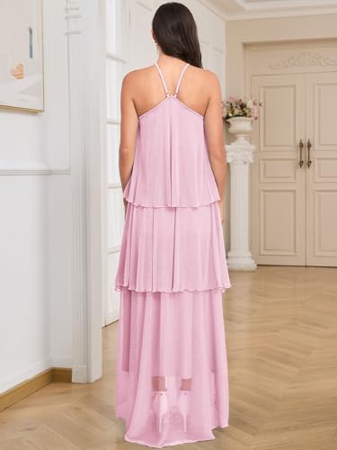 Image of AISWI Maternity Halter Neck Maxi Dress Sparkly Mesh Tiered Ruffle Pregnancy Gown with Flower for Baby Shower Photoshoot