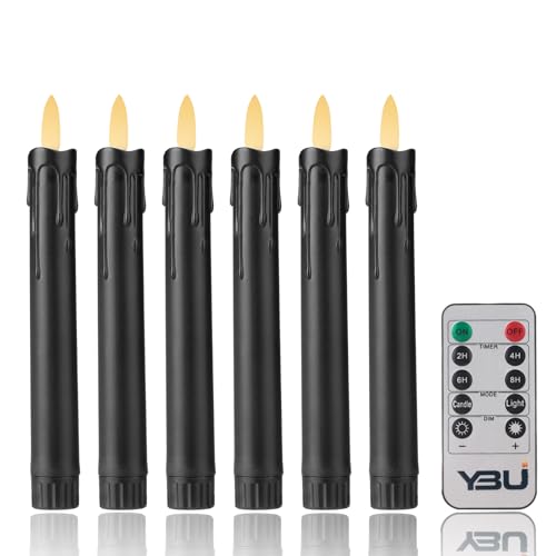 Image of YBU Flameless Taper Candles with Remote 7 Inches Led Candle Sticks with Flickering Light Timer Dimmer Battery Operated Window Candles for Halloween Christmas Decoration (Black)