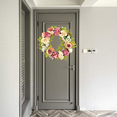 Palmhill Peonies Hydrangea Wreath, 16" Artificial Flower Handcrafted Front Door Wreaths For Spring And Summer Autumn All Seasons Floral Wreath Twig Vine Hanging For Farmhouse Office Home Wedding Decor #TOP5