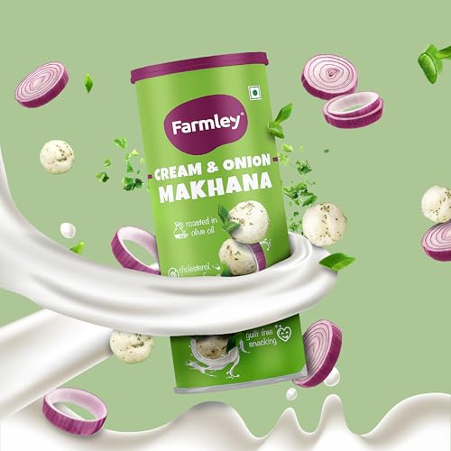 Image of Farmley Roasted Flavoured Makhana | Cream & Onion Roasted Makhana | Namkeen Snacks & Snacks | Healthy Snack | Cholesterol Free | Gluten Free | Rich In Protein Fiber | Roasted in Olive Oil - 77g Jar