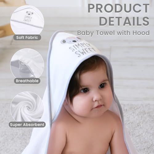 Image of Softan Baby Hooded Towels and Washcloths Set 6 Pack, 28x28 Ultra Soft & Absorbent Baby Bath Towels for Newborn Infant Toddler, Unisex Boys Girls (Pink Heart & Grey Koala)