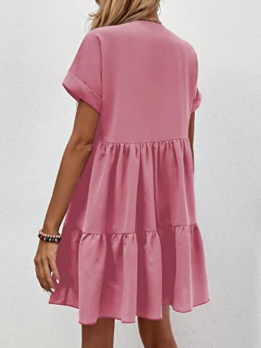 Image of WDIRARA Women's Roll Up Short Sleeve V Neck Ruffle Hem Solid Swing Smock Dress