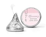 Rosary Beads Pink - Baptism/Christening Personalized Chocolate Kiss Stickers - 108 Stickers