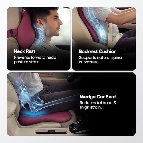 Image of Frido Premium Car Comfort Bundle with Memory Foam Neck Rest, Lumbar Backrest and Wedge Seat Cushion Set of 3, Ergonomic Neck Back and Tailbone Support for Long Drives and Daily Commutes | Maroon