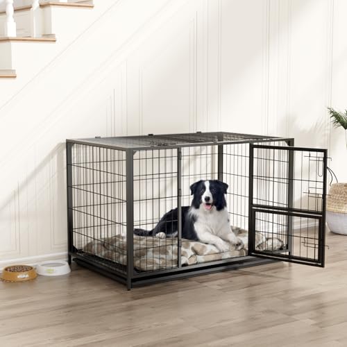 VOWNER Hundekäfig Hochbelastbar, 3 Türen Hundebox, 93 x 56 x 60 cm, für kleine und mittelgroße Hunde, 2 abnehmbare Türen mit Herausnehmbares Bodenschale, M Gitterbox für Zuhause, Schwarz