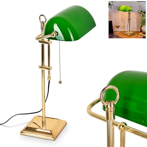HOFSTEIN Tischleuchte Tremoceira, Tischlampe aus Metall/Glas in Messing/Grün/Weiß, traditionelle Bankerlampe, Schreibtischlampe für Büros im Retro/Vintage-Design mit Zugnschnur, Höhe 56 cm, 1 x E27