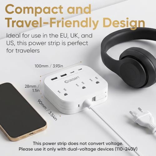 Image of UK European Plug Adapter, Unidapt US to Europe Power Strip for EU /UK /US with Built in USB C Cord and 4 USB Ports, 3 AC Outlets, Wall Mountable, 5ft Extension Cord, for Travel Cruise Ship Home