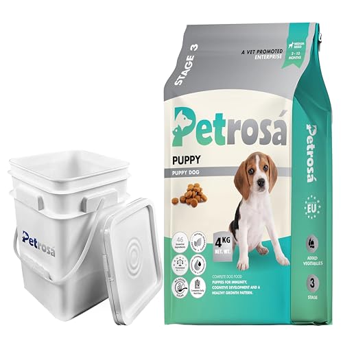 Image of Medium Breed Puppy Dog Food (2 to 12 Months), 4 Kg, 30% Protein with DHA & Prebiotics, Growth & Digestion Formula with 25L Food Storage Container